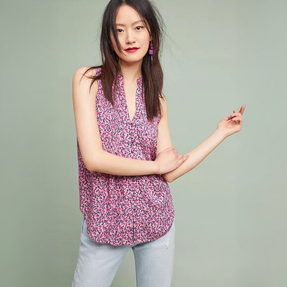 Anthropologie Maeve Petunia Pintucked Tank in Green Motif - sz XL - Picture 1 of 11